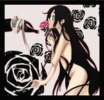  1girl artist_request bandages black_hair blood+ flower haji lips long_hair lowres nude otonashi_saya profile rose 