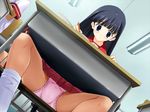  black_hair black_legwear blue_eyes blunt_bangs blush book ceiling chair closed_mouth crotch desk diaper dutch_angle eyebrows_visible_through_hair from_below frown game_cg holding holding_pen indoors jpeg_artifacts kusakabe_yuuki_(to_heart_2) lights long_hair looking_at_viewer nakamura_takeshi okuma_masami open_book pen pleated_skirt raised_eyebrows red_skirt school school_desk school_uniform serafuku shakkin_shimai shirt short_sleeves sitting skirt sleeve_cuffs socks solo_focus spread_legs third-party_edit tile_ceiling tiles to_heart_2 upskirt white_legwear white_shirt writing 