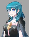  1girl armor blue_eyes blue_hair breasts byleth cape fire_emblem fire_emblem:_fuukasetsugetsu grey_background grimmelsdathird hair_ornament highres long_hair looking_at_viewer nintendo short_hair simple_background smile solo 