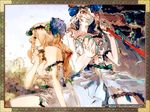  blonde_hair blue_flower blue_rose breasts cleavage curly_hair dress dual_persona flower grimgrimoire large_breasts lightning long_hair lujei_piche multiple_girls official_art red_eyes rose soul_cradle staff thorns time_paradox toi8 wand witch 