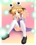  blonde_hair hair_ribbon hat highres moriya_suwako panties pink_panties ribbon sitting solo thighhighs touhou underwear white_legwear yamasan 