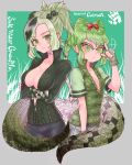  2girls adjusting_eyewear arms_under_breasts braid breasts character_name cleavage collarbone commentary_request crocodile_tail crossed_arms eyebrows_visible_through_hair fingerless_gloves glasses gloves gradient_hair green_eyes green_gloves green_hair hair_ribbon highres kemono_friends long_braid long_hair long_sleeves looking_at_viewer medium_breasts multicolored_hair multiple_girls notora open_clothes partially_unzipped red_ribbon ribbon saltwater_crocodile_(kemono_friends) serious short_hair short_ponytail short_sleeves slit_pupils solo spectacled_caiman_(kemono_friends) spiked_gloves spikes two-tone_hair v-shaped_eyebrows white_background 