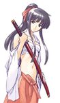  aoyama_motoko bandages black_hair japanese_clothes love_hina midriff miko ponytail sarashi sheath sheathed sidelocks solo suzuno_kouya sword weapon 