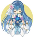  1girl bare_shoulders blue_eyes blue_hair bouquet bride dress elbow_gloves fire_emblem fire_emblem:_monshou_no_nazo fire_emblem_heroes flower formal gloves kyufe long_hair nintendo rose sheeda simple_background solo strapless strapless_dress tiara veil wedding wedding_dress white_dress white_flower white_gloves 