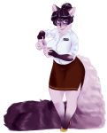  anthro beverage black_fur black_hair blue_eyes clothed clothing cup domestic_cat eyewear felid feline felis female footwear fully_clothed fur glasses grey_fur hair high_heels lizombie maine_coon mammal name_tag nikki_(lizombie) shoes simple_background solo white_background 