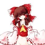  bottomless bow brown_hair demupausagi detached_sleeves hair_bow hakurei_reimu navel no_panties red_eyes solo touhou 