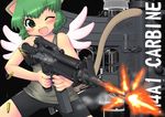  animal_ears assault_rifle bare_shoulders bike_shorts blush cameltoe casing_ejection cat_ears cat_tail fang firing green_eyes green_hair gun hase_yu holding holding_gun holding_weapon m4_carbine muzzle_flash nyano one_eye_closed original rifle shell_casing short_hair smile solo tail weapon wings 