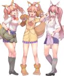  3girls alternate_costume animal_ear_fluff animal_ears bell bell_collar blush bow breasts cat_paws cleavage clothes_around_waist collar eyebrows_visible_through_hair fangs fate/extella fate/extra fate/grand_order fate_(series) fox_ears fox_girl fox_tail full_body glasses gloves hair_bow highres jacket_around_waist jingle_bell large_breasts long_hair looking_at_viewer multiple_girls paw_gloves paw_shoes paws pink_hair school_uniform shirt shoes sikijou77o simple_background skirt smile tail tamamo_(assassin)_(fate) tamamo_(fate)_(all) tamamo_cat_(fate) tamamo_jk_(fate) tamamo_no_mae_(fate) twintails unbuttoned white_background yellow_eyes 
