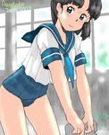  awatake_takahiro black_hair blue_eyes one-piece_swimsuit school_swimsuit school_uniform schoolgirl serafuku short_hair swimsuit swimsuit_under_clothes 