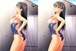  bathing_suit black_hair breasts highres long_hair nipple nipples shower sora_no_iro_mizu_no_iro swimsuit taka_tony tan tan_lines tanaka_takayuki tanline 