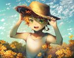  1girl :d adjusting_clothes adjusting_hat artist_name blue_sky cloud day emma_(yakusoku_no_neverland) field flower flower_field green_eyes hands_up hat highres kkotto looking_at_viewer neck_tattoo open_mouth orange_hair outdoors shirt short_hair sky sleeveless sleeveless_shirt smile solo straw_hat sun_hat tattoo watermark white_shirt yakusoku_no_neverland 