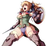  alternate_color areolae bare_shoulders blonde_hair blue_leotard bow cassandra_alexandra from_below gloves green_eyes hair_bow leotard necktie open_mouth pink_neckwear ponytail shield shoulder_pads solo soulcalibur soulcalibur_iv sword tabigarasu thighhighs weapon 