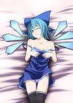  bed blue_eyes blue_hair blue_panties bra breasts cameltoe cirno cleavage dress dress_lift hair_ribbon lingerie lying medium_breasts nikka_(cryptomeria) older on_back one_eye_closed panties ribbon short_dress solo thighhighs touhou underwear wince wings 