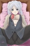  black_legwear blue_eyes blush breasts candy_boy crotch kamiyama_sakuya large_breasts lying navel necktie open_clothes open_shirt panties panties_under_pantyhose pantyhose school_uniform shirt short_hair signature solo spread_legs twintails underwear white_hair yukihiro 