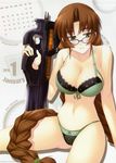  2010 absurdres bow bow_panties bra braid breasts brown_hair bullpup calendar_(medium) cleavage front-tie_top glasses green_bra green_eyes green_panties gun highres january lace lace_panties large_breasts lingerie long_hair makishima_azusa muvluv muvluv_alternative navel p90 panties rifle sakaki_chizuru sitting solo submachine_gun twin_braids underwear underwear_only very_long_hair weapon 