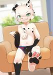  4_toes 5_fingers barefoot blush briefs bulge canid canine canis child clothing cub cubboard domestic_dog feet foot_focus green_eyes grin hindpaw male mammal navel pawpads paws pointing sitting smile solo toes underwear young 
