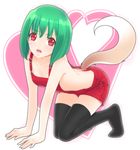  all_fours ama_mitsuki bad_id bad_pixiv_id black_legwear bob_cut dog_tail fangs green_hair hands macross macross_frontier naked_overalls nose_art open_mouth overalls ranka_lee red_eyes short_hair solo tail thighhighs 