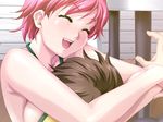 breast_smother game_cg happoubi_jin hetero hug ichijo_daisuke iihara_nao pink_hair resort_boin short_hair smile smother solo_focus 