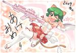  \m/ adapted_uniform akeome animal_ears armpits assault_rifle bare_shoulders blush bow breasts cat_ears cat_tail detached_sleeves fang flat_chest green_eyes green_hair gun happy_new_year hase_yu m4_carbine medium_breasts midriff navel new_year nontraditional_miko nyano one_eye_closed original rifle sandals short_hair sideboob smile solo star tail thighhighs trigger_discipline weapon wings zettai_ryouiki 