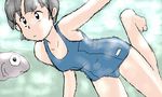  awatake_takahiro barefoot black_eyes black_hair feet fish lowres one-piece_swimsuit school_swimsuit short_hair swimsuit toes underwater 