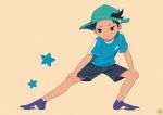  1boy blue_headwear blue_shirt child closed_mouth denim denim_shorts exercise looking_down male_focus noeyebrow_(mauve) original pink_background purple_legwear shirt shorts simple_background star_(symbol) stretch 