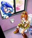  aono_miki blue_choker boots bow bucket choker cure_berry cure_peach cure_pine eyelashes fresh_precure! hair_ornament heart heart_hair_ornament knee_boots magical_girl momozono_love multiple_girls panties panties_around_one_leg precure ribbon side_ponytail toilet toilet_use underwear wrist_cuffs yamabuki_inori 