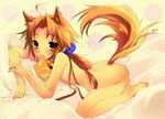  aburaage animal_ears ass barefoot bed bell copyright_request feet flat_chest food fox_ears fox_tail itou_noiji long_hair mouth_hold nude orange_eyes orange_hair ponytail solo tail 