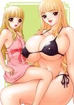  1girl bare_shoulders bikini blonde_hair blush breasts brown_eyes carameldow cleavage copyright_request huge_breasts long_hair micro_bikini otoko_no_ko siblings side-tie_bikini size_difference swimsuit twins 