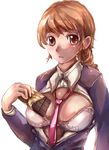  bad_id bad_pixiv_id bra breasts brown_hair chocolate chocolate_bar cleavage large_breasts lingerie necktie open_clothes open_shirt original ponytail school_uniform shirt solo suoni_(deeperocean) underwear 