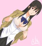  black_hair bra breasts cleavage copyright_request dutch_angle kamimiya large_breasts lingerie long_hair open_clothes open_shirt shirt solo underwear undressing 