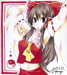  armpits banned_artist brown_hair detached_sleeves hakurei_reimu midriff ribbon solo tepengu touhou 