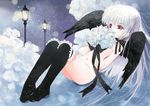  boots doll_joints feet hato_rami lamppost navel nude purple_eyes rozen_maiden silver_hair solo suigintou thigh_boots thighhighs wings 