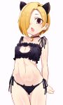  1girl animal_ears bare_shoulders bell bell_choker black_bra black_panties blonde_hair blush bra breasts brown_eyes cat_cutout cat_ear_panties cat_ears cat_lingerie choker cleavage_cutout collarbone ear_piercing frilled_bra frills hair_over_one_eye highres idolmaster idolmaster_cinderella_girls jewelry jingle_bell looking_at_viewer meme_attire navel open_mouth panties piercing shift_(waage) shirasaka_koume short_hair side-tie_panties simple_background small_breasts thighs underwear white_background 