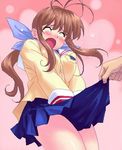  blush brown_hair clannad closed_eyes covering covering_crotch furukawa_sanae hikarizaka_private_high_school_uniform long_hair mature school_uniform skirt skirt_tug solo_focus tears zen 