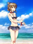  1girl alternate_costume anchor_symbol bangs beach bikini bikini_skirt blue_sky blush breasts brown_eyes brown_hair cameltoe choker cleavage cloud collar commentary_request day erect_nipples eyebrows_visible_through_hair folded_ponytail groin hair_between_eyes inazuma_(destroyer) inazuma_(kantai_collection) kantai_collection looking_at_viewer medium_breasts navel ocean open_mouth outdoors sameha_ikuya sand sky solo standing swimsuit water 