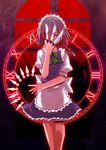  apron braid clock danmaku grey_hair hair_ribbon hane_(hanegoya) izayoi_sakuya knife kunai maid maid_headdress one-eyed red_eyes ribbon serious short_hair silver_hair slit_pupils solo standing thigh_strap touhou twin_braids waist_apron weapon window 