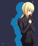  aqua_eyes artoria_pendragon_(all) bad_id bad_pixiv_id blonde_hair fate/stay_night fate/zero fate_(series) formal gloves necktie ponytail saber shin_(ryang) signature simple_background single_glove smile solo suit 