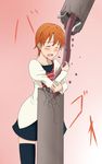  blush closed_eyes collarbone destruction hug inami_mahiru open_mouth orange_hair ribonzu short_hair solo telephone_pole thighhighs working!! 