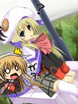  bad_id bad_pixiv_id blonde_hair blue_eyes bow box cape chibi dutch_angle hat little_busters! long_hair multiple_girls noumi_kudryavka pink_bow plaid plaid_skirt school_uniform shirasu_youichi sitting skirt surprised thighhighs tokido_saya 