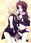  2girls belt black_bra blonde_hair blue_eyes bra brown_hair cloud_strife female final_fantasy final_fantasy_vii final_fantasy_viii genderswap gloves hand_holding holding_hands jacket jewelry lingerie long_hair multiple_girls necklace omix short_shorts shorts sleeveless sleeveless_turtleneck squall_leonhart turtleneck underwear 