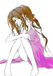  1girl aerith_gainsborough brown_hair dress eni eni_(yoyogieni) female final_fantasy final_fantasy_vii green_eyes long_hair partially_colored sitting solo white_background 