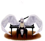  angel_beats! bad_id bad_pixiv_id blazer bowed_wings grand_piano highres instrument jacket kneehighs large_wings piano piano_bench school_uniform silver_hair sitting skirt socks solo tenshi_(angel_beats!) tommy_(lonely_hammy) wings yellow_eyes 