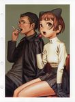  1girl absurdres bob_cut brown_eyes candy food form_code gloves highres murata_renji scan short_hair sitting skirt turtleneck 