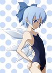  arched_back bare_shoulders blue_eyes blue_hair bow cirno competition_swimsuit flat_chest hair_bow hands_on_hips marotang one-piece_swimsuit polka_dot polka_dot_background serious short_hair solo swimsuit touhou wings 
