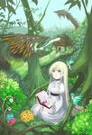  animal bird blonde_hair book bush choker day dress fairy fairy_wings forest grass highres house leaf long_hair long_sleeves looking_up monster mountain mushroom nature open_mouth original puffy_sleeves red_eyes sasurai_susuki sitting sky smoke solo tree very_long_hair white_dress wide_sleeves wings 