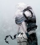 ass bandage bandages blue_eyes braid hug kaine_(nier) kainã© keine nier nier_(character) nier_(young) ribbon short_hair size_difference snow sword tall weapon white_hair 