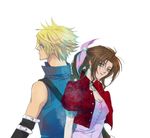  1boy 1girl aerith_gainsborough blonde_hair blue_eyes brown_hair cloud_strife couple dress earrings eni eni_(yoyogieni) female final_fantasy final_fantasy_vii green_eyes jacket jewelry long_hair male pink_ribbon ponytail ribbon short_hair sleeveless sleeveless_turtleneck spiked_hair spiky_hair turtleneck 