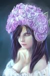  black_hair breasts circlet crown dress face flower horror_(theme) large_breasts lips lipstick long_hair looking_back makeup princess_white_rose purple_eyes rose saga saga_frontier solo traditional_media watercolor_(medium) white_flower white_rose 