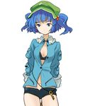  arms_behind_back bikini_top blue_eyes blue_hair breasts cleavage collared_shirt hair_bobbles hair_ornament hat iwamoto_zerogo kawashiro_nitori key medium_breasts navel open_clothes open_shirt shirt short_shorts shorts simple_background solo swimsuit swimsuit_under_clothes touhou twintails two_side_up unbuttoned visor_cap 