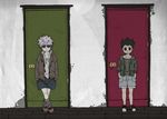  2boys black_hair casual_clothes door gon_freecss hachie_(aaakaaa) hunter_x_hunter killua_zoldyck multiple_boys white_hair 